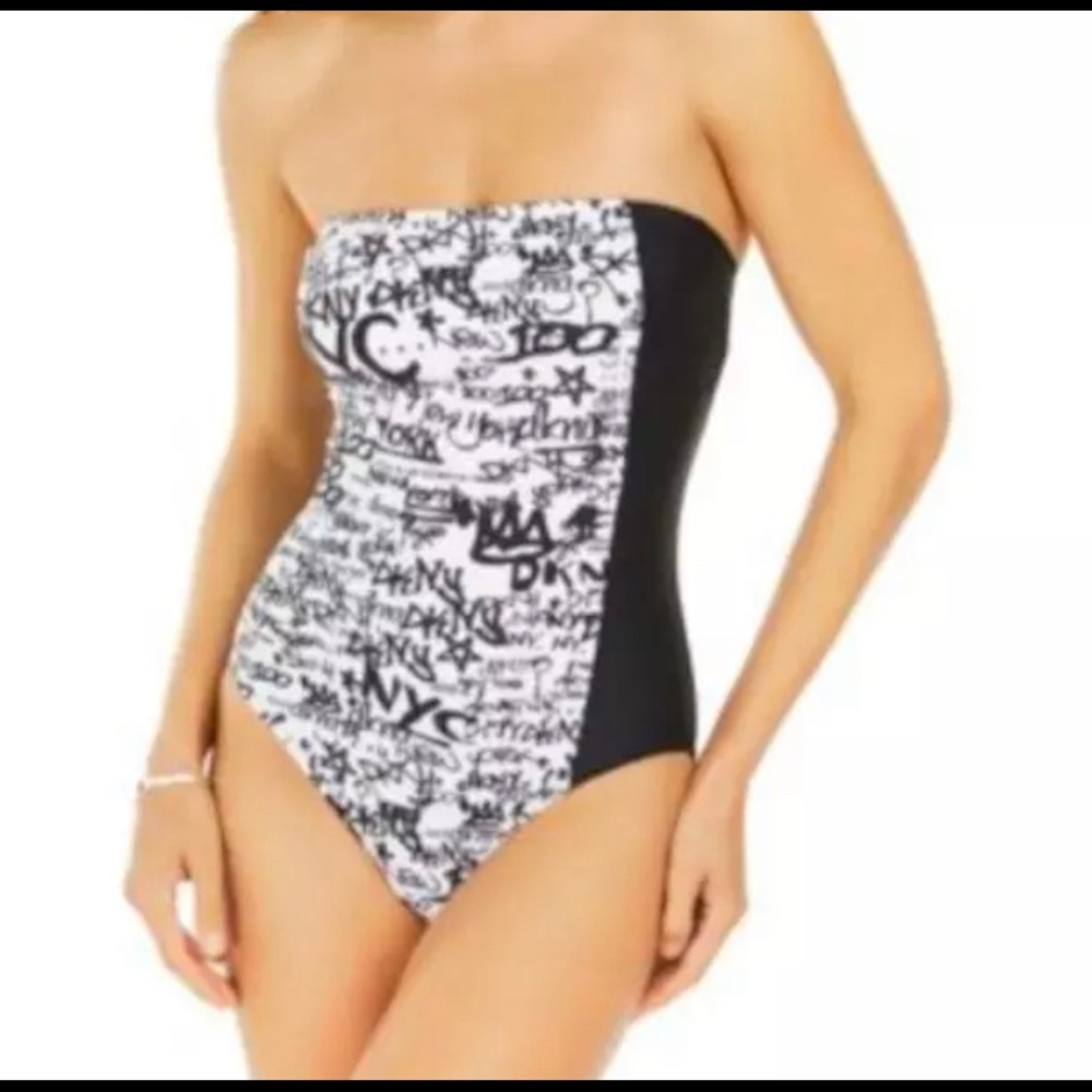 DKNY $98 Blocked Bandeau One Piece Swimsuit Black/White Size L, new with tags